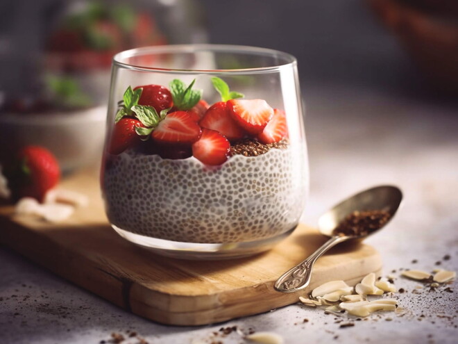 Un pote contiene yogurt con chia y fresas decorativas encima