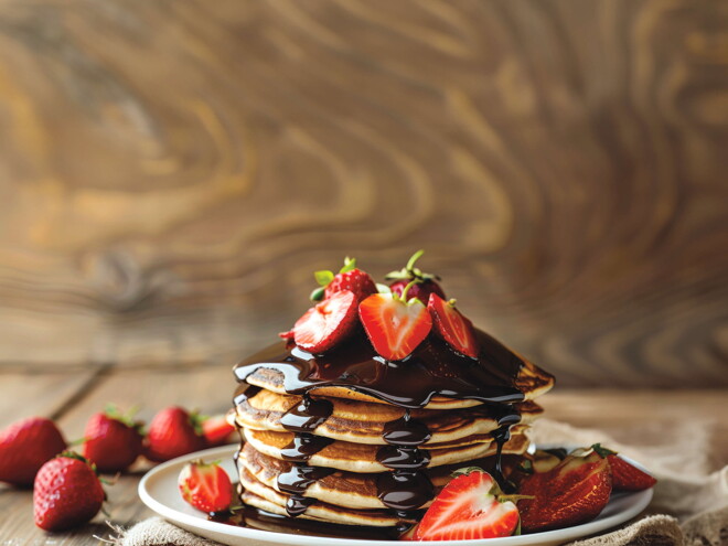 Panqueques con salsa de chocolate y fresas decorativas encima y alrededorPanqueques con salsa de chocolate y fresas decorativas encima y alrededor